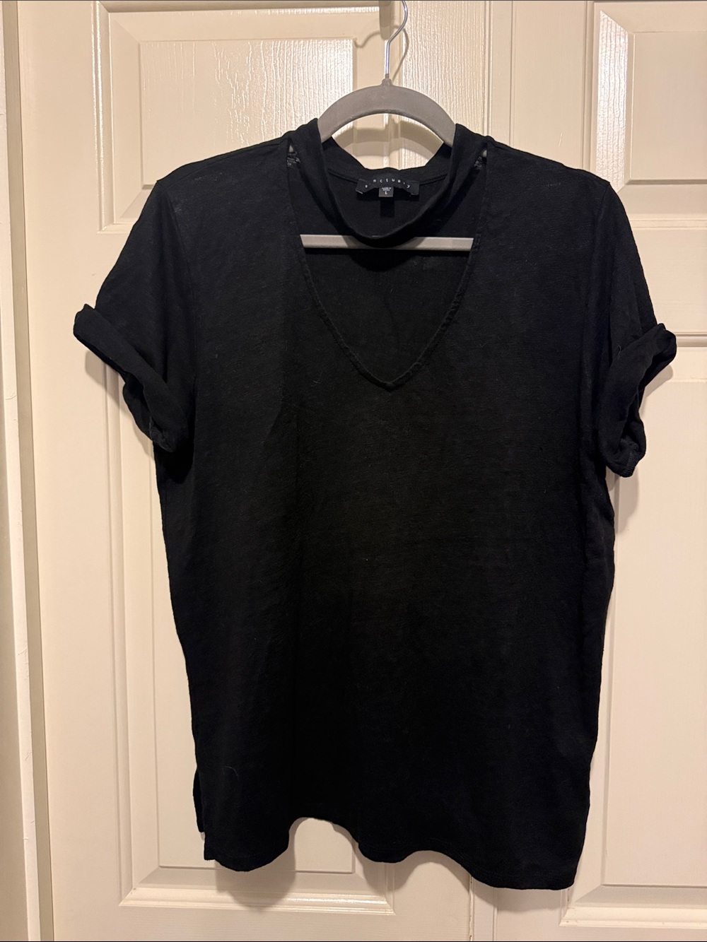 Vince Black Short Sleeve V-Neck Tee with Cutout Choker